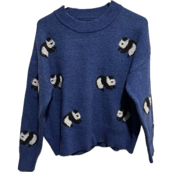 Cider Women’s Round Neckline Panda Knitted Sweater Blue M - Picture 2 of 9
